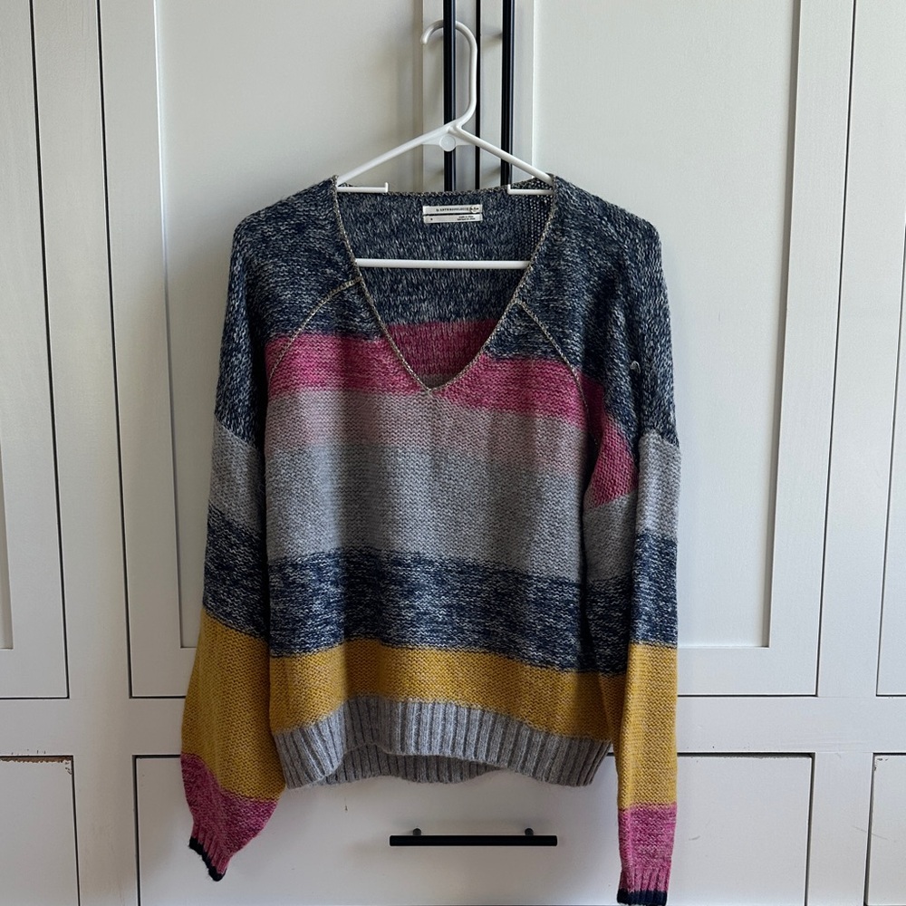 Anthropologie Striped V-Neck Sweater in Gray, Pink, Mustard, Navy